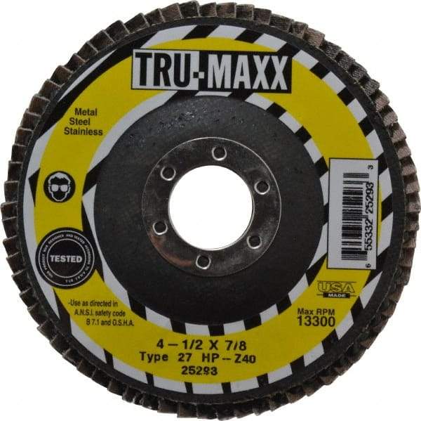 Tru-Maxx - 40 Grit, 4-1/2" Disc Diam, 7/8" Center Hole, Type 27 Zirconia Alumina Flap Disc - 13,300 Max RPM, Arbor Attaching System, Coated - Americas Industrial Supply
