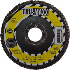 Tru-Maxx - 40 Grit, 4-1/2" Disc Diam, 7/8" Center Hole, Type 27 Zirconia Alumina Flap Disc - 13,300 Max RPM, Arbor Attaching System, Coated - Americas Industrial Supply