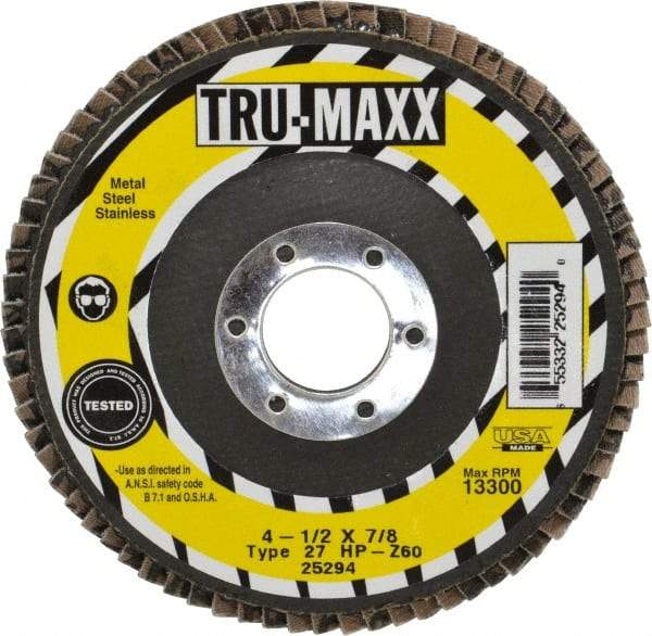 Tru-Maxx - 60 Grit, 4-1/2" Disc Diam, 7/8" Center Hole, Type 27 Zirconia Alumina Flap Disc - 13,300 Max RPM, Arbor Attaching System, Coated - Americas Industrial Supply