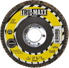 Tru-Maxx - 60 Grit, 4-1/2" Disc Diam, 7/8" Center Hole, Type 27 Zirconia Alumina Flap Disc - 13,300 Max RPM, Arbor Attaching System, Coated - Americas Industrial Supply