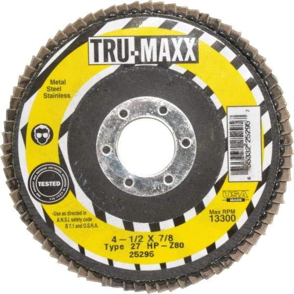 Tru-Maxx - 80 Grit, 4-1/2" Disc Diam, 7/8" Center Hole, Type 27 Zirconia Alumina Flap Disc - 13,300 Max RPM, Arbor Attaching System, Coated - Americas Industrial Supply