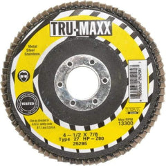 Tru-Maxx - 80 Grit, 4-1/2" Disc Diam, 7/8" Center Hole, Type 27 Zirconia Alumina Flap Disc - 13,300 Max RPM, Arbor Attaching System, Coated - Americas Industrial Supply