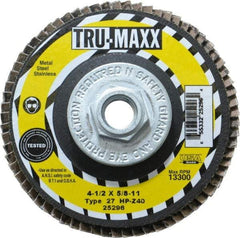 Tru-Maxx - 40 Grit, 4-1/2" Disc Diam, 5/8-11 Center Hole, Type 27 Zirconia Alumina Flap Disc - 13,300 Max RPM, Arbor Attaching System, Coated - Americas Industrial Supply