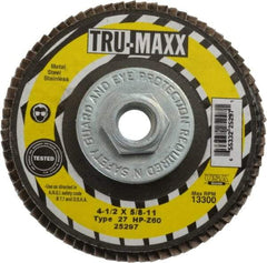 Tru-Maxx - 60 Grit, 4-1/2" Disc Diam, 5/8-11 Center Hole, Type 27 Zirconia Alumina Flap Disc - 13,300 Max RPM, Arbor Attaching System, Coated - Americas Industrial Supply