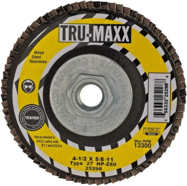 Tru-Maxx - 80 Grit, 4-1/2" Disc Diam, 5/8-11 Center Hole, Type 27 Zirconia Alumina Flap Disc - 13,300 Max RPM, Arbor Attaching System, Coated - Americas Industrial Supply