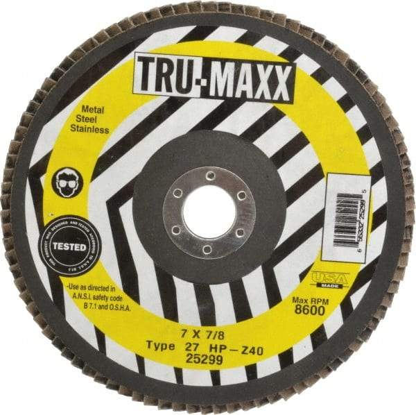Tru-Maxx - 40 Grit, 7" Disc Diam, 7/8" Center Hole, Type 27 Zirconia Alumina Flap Disc - 8,600 Max RPM, Arbor Attaching System, Coated - Americas Industrial Supply