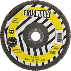 Tru-Maxx - 40 Grit, 7" Disc Diam, 7/8" Center Hole, Type 27 Zirconia Alumina Flap Disc - 8,600 Max RPM, Arbor Attaching System, Coated - Americas Industrial Supply