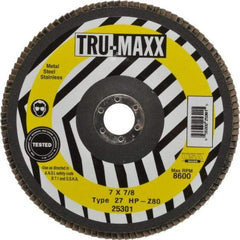 Tru-Maxx - 80 Grit, 7" Disc Diam, 7/8" Center Hole, Type 27 Zirconia Alumina Flap Disc - 8,600 Max RPM, Arbor Attaching System, Coated - Americas Industrial Supply