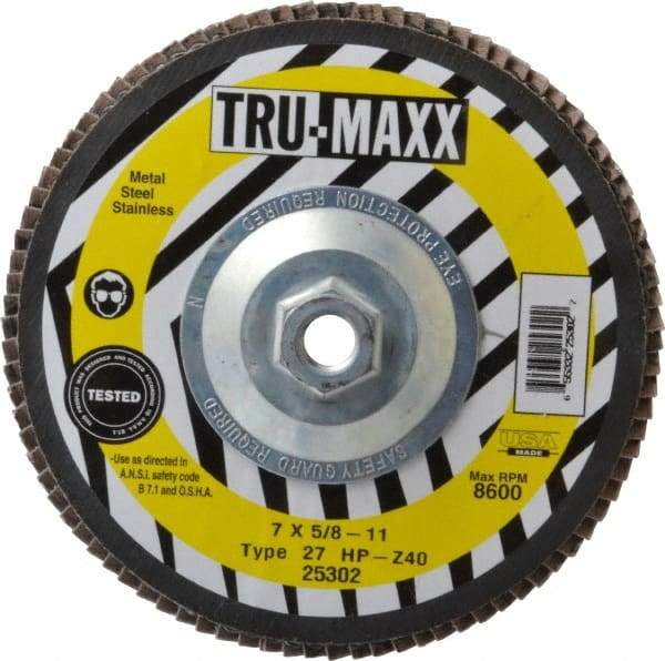 Tru-Maxx - 40 Grit, 7" Disc Diam, 5/8-11 Center Hole, Type 27 Zirconia Alumina Flap Disc - 8,600 Max RPM, Arbor Attaching System, Coated - Americas Industrial Supply