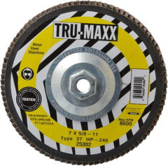 Tru-Maxx - 40 Grit, 7" Disc Diam, 5/8-11 Center Hole, Type 27 Zirconia Alumina Flap Disc - 8,600 Max RPM, Arbor Attaching System, Coated - Americas Industrial Supply
