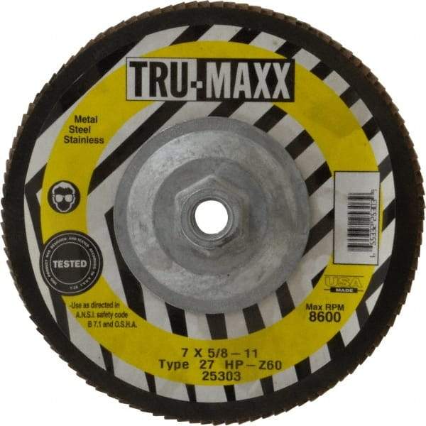 Tru-Maxx - 60 Grit, 7" Disc Diam, 5/8-11 Center Hole, Type 27 Zirconia Alumina Flap Disc - 8,600 Max RPM, Arbor Attaching System, Coated - Americas Industrial Supply