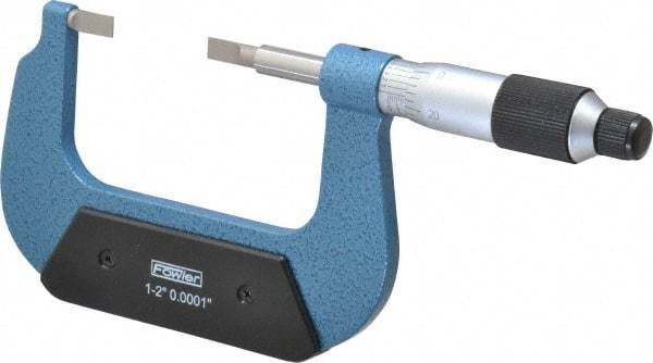 Fowler - 1" to 2" Mechanical Baked Enamel (Frame) & Satin Chrome (Graduations) Coated Blade Micrometer - 0.0001" Graduation, 0.03" Blade Thickness, Ratchet Stop Thimble - Americas Industrial Supply
