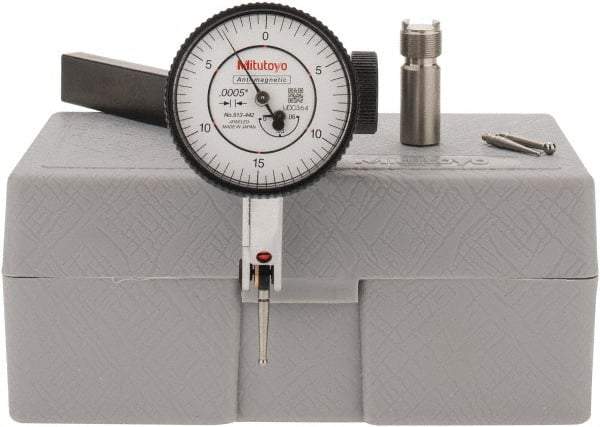 Mitutoyo - 9 Piece, 0" to 0.06" Measuring Range, 40mm Dial Diam, 0-15-0 Dial Reading, White Dial Test Indicator Kit - 0.0005" Accuracy, 0.78" Contact Point Length, 0.039, 0.079 & 0.118" Ball Diam, 0.0005" Dial Graduation - Americas Industrial Supply