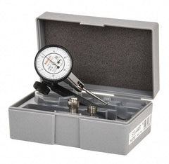 Mitutoyo - 9 Piece, 0" to 0.06" Measuring Range, 40mm Dial Diam, 0-15-0 Dial Reading, White Dial Test Indicator Kit - 0.0005" Accuracy, 1.33" Contact Point Length, 0.039, 0.079 & 0.118" Ball Diam, 0.0005" Dial Graduation - Americas Industrial Supply