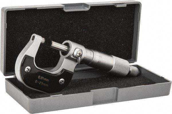Value Collection - 0 to 25mm Range, 0.01mm Graduation, Mechanical Outside Micrometer - Ratchet Stop Thimble - Americas Industrial Supply