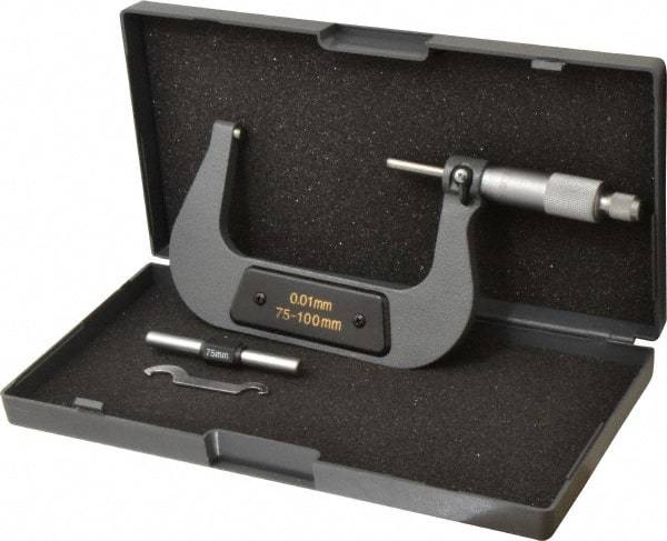 Value Collection - 75 to 100mm Range, 0.01mm Graduation, Mechanical Outside Micrometer - Ratchet Stop Thimble - Americas Industrial Supply