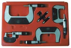 Value Collection - 0 to 75mm Range, 3 Piece Mechanical Outside Micrometer Set - 0.01mm Graduation, 0.000160, 0.000200 Accuracy, Ratchet Stop Thimble, Carbide Tipped, Forged Steel (Frame) Face - Americas Industrial Supply