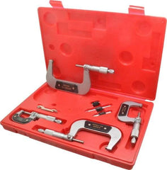 Value Collection - 0 to 100mm Range, 4 Piece Mechanical Outside Micrometer Set - 0.01mm Graduation, 0.000160, 0.000200 Accuracy, Ratchet Stop Thimble, Carbide Tipped, Forged Steel (Frame) Face - Americas Industrial Supply