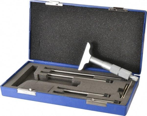 Fowler - 0 to 4" Range, 4 Rod, Satin Chrome Finish Mechanical Depth Micrometer - Ratchet Stop Thimble, 2-1/2" Base Length, 0.01mm Graduation, 0.176" Rod Diam - Americas Industrial Supply