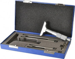 Fowler - 0 to 4" Range, 4 Rod, Satin Chrome Finish Mechanical Depth Micrometer - Ratchet Stop Thimble, 2-1/2" Base Length, 0.01mm Graduation, 0.176" Rod Diam - Americas Industrial Supply