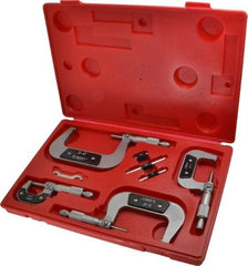 Value Collection - 0 to 4" Range, 4 Piece Mechanical Outside Micrometer Set - 0.0001" Graduation, 0.000160, 0.000200 Accuracy, Ratchet Stop Thimble, Carbide Tipped, Forged Steel (Frame) Face - Americas Industrial Supply