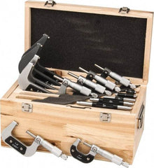 Value Collection - 0 to 6" Range, 6 Piece Mechanical Outside Micrometer Set - 0.0001" Graduation, 0.000160, 0.000200, 0.000240 Accuracy, Ratchet Stop Thimble, Carbide Tipped, Forged Steel (Frame) Face - Americas Industrial Supply