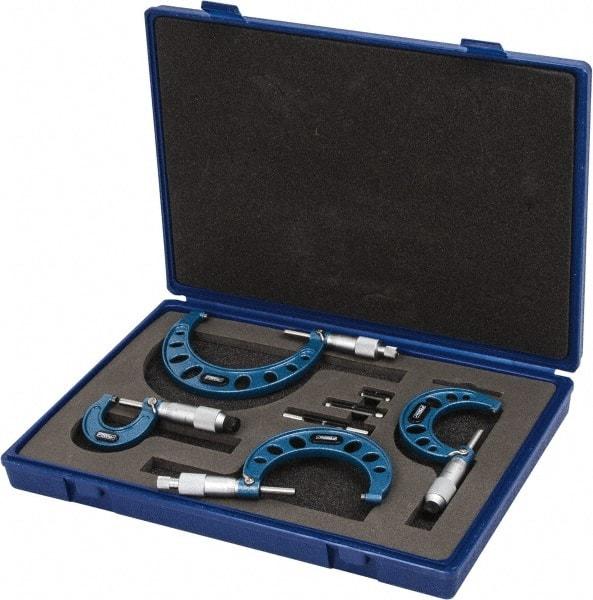 Fowler - 0 to 4" Range, 4 Piece Mechanical Outside Micrometer Set - 0.0001" Graduation, Friction (0 to 2"), Ratchet Stop (2 to 4") Thimble, Carbide Tipped Face - Americas Industrial Supply