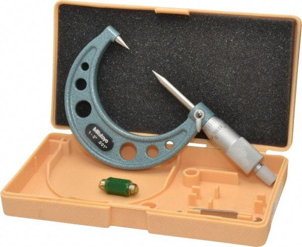 Mitutoyo - 1 to 2 Inch, 49mm Throat Depth, Ratchet Stop, Mechanical Point Micrometer - Accurate Up to 0.00015 Inch, 0.001 Inch Graduation, 0.5039 Inch Point Length, 30° Point Angle, 18mm Head Diameter, 6.35mm Spindle Diameter - Americas Industrial Supply