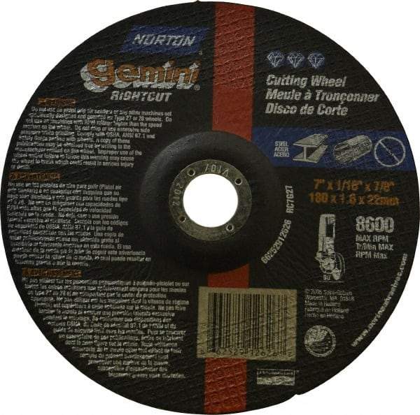 Norton - 7" Wheel Diam, 1/16" Wheel Thickness, 7/8" Arbor Hole, Type 27 Depressed Center Wheel - Aluminum Oxide, 8,600 Max RPM, Compatible with Angle Grinder - Americas Industrial Supply
