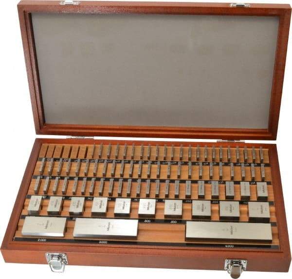 Mitutoyo - 81 Piece, 0.05 to 4", Grade AS-1, Steel Gage Block Set - Square, 12µ (0.45-1"), 16µ (2"), 20µ (3"), 24µ (4"), 8µ (0.05-0.4") Tolerance - Americas Industrial Supply