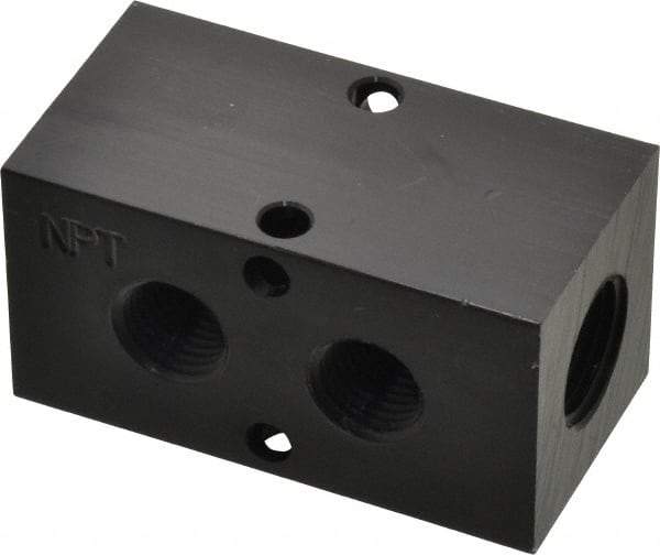 Made in USA - 3/8" Inlet, 1/4" Outlet Manifold - 2.37" Long x 1-1/4" Wide x 1-1/4" High, 0.2" Mount Hole, 2 Inlet Ports, 2 Outlet Ports - Americas Industrial Supply