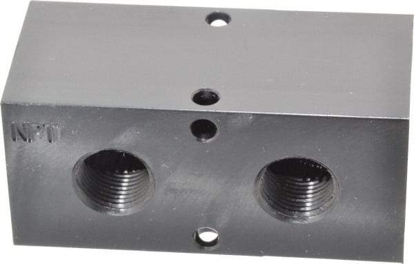 Made in USA - 1/2" Inlet, 3/8" Outlet Manifold - 3-1/4" Long x 1-1/2" Wide x 1-1/2" High, 0.2" Mount Hole, 2 Inlet Ports, 2 Outlet Ports - Americas Industrial Supply