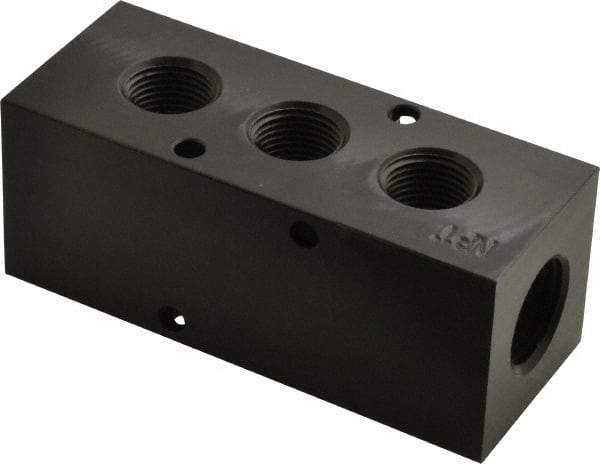 Made in USA - 1/2" Inlet, 3/8" Outlet Manifold - 3-3/4" Long x 1-1/2" Wide x 1-1/2" High, 0.2" Mount Hole, 2 Inlet Ports, 3 Outlet Ports - Americas Industrial Supply