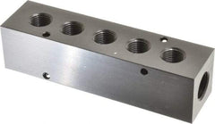 Made in USA - 1/2" Inlet, 3/8" Outlet Manifold - 5-3/4" Long x 1-1/2" Wide x 1-1/2" High, 0.2" Mount Hole, 2 Inlet Ports, 5 Outlet Ports - Americas Industrial Supply