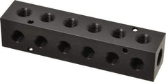 Made in USA - 3/8" Inlet, 1/4" Outlet Manifold - 5.88" Long x 1-1/4" Wide x 1-1/4" High, 0.2" Mount Hole, 2 Inlet Ports, 6 Outlet Ports - Americas Industrial Supply
