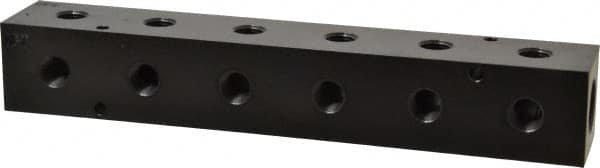 Made in USA - 1/2" Inlet, 1/4" Outlet Manifold - 9-1/4" Long x 1-1/2" Wide x 1-1/2" High, 0.2" Mount Hole, 2 Inlet Ports, 6 Outlet Ports - Americas Industrial Supply