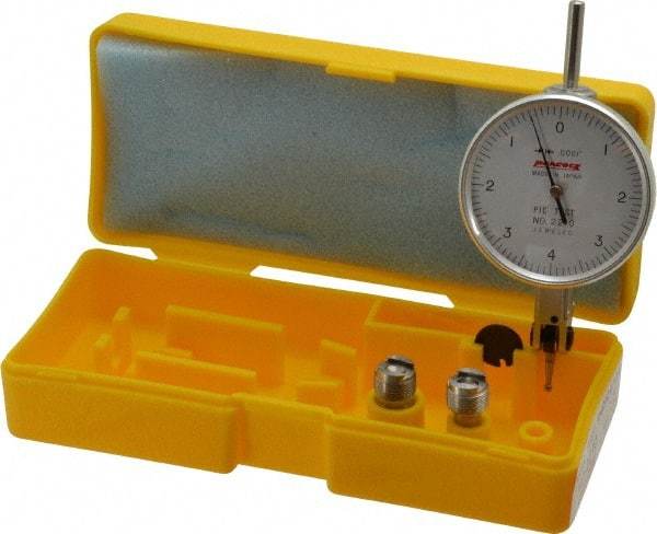 Peacock - 0.008 Inch Range, 0.0001 Inch Dial Graduation, Horizontal Dial Test Indicator - 1-53/64 Inch White Dial, 0-4-0 Dial Reading, Accurate to 0.0003 Inch - Americas Industrial Supply