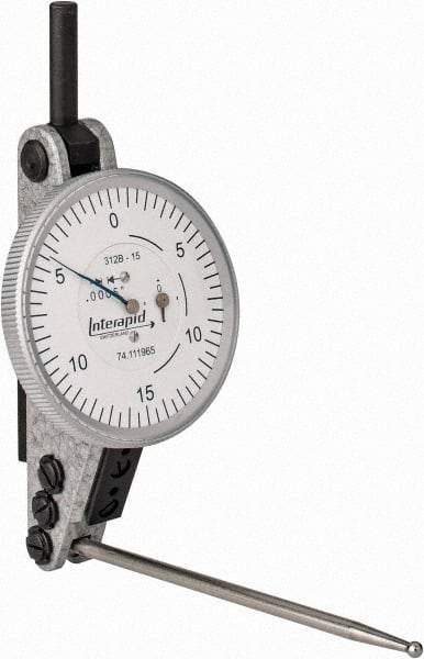 INTERAPID - 0.06 Inch Range, 0.0005 Inch Dial Graduation, Horizontal Dial Test Indicator - 1-1/2 Inch White Dial, 0-15-0 Dial Reading - Americas Industrial Supply