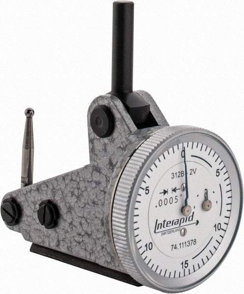 INTERAPID - 0.06 Inch Range, 0.0005 Inch Dial Graduation, Vertical Dial Test Indicator - 1.2 Inch White Dial, 0-15-0 Dial Reading - Americas Industrial Supply
