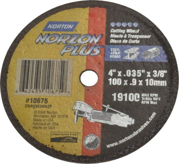 Norton - 4" Ceramic Cutoff Wheel - 0.035" Thick, 3/8" Arbor, 19,100 Max RPM, Use with Die Grinders - Americas Industrial Supply