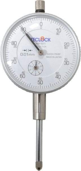 Teclock - 25mm Range, 0-100 Dial Reading, 0.01" Graduation Dial Drop Indicator - 2-11/64" Dial, 1" Range per Revolution, 0.03" Accuracy, Revolution Counter - Americas Industrial Supply