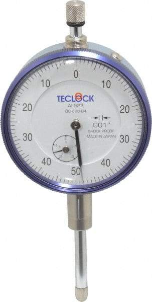 Teclock - 1" Range, 0-50-0 Dial Reading, 0.001" Graduation Dial Drop Indicator - 2-11/64" Dial, 0.1" Range per Revolution, 0.0014" Accuracy, Revolution Counter - Americas Industrial Supply