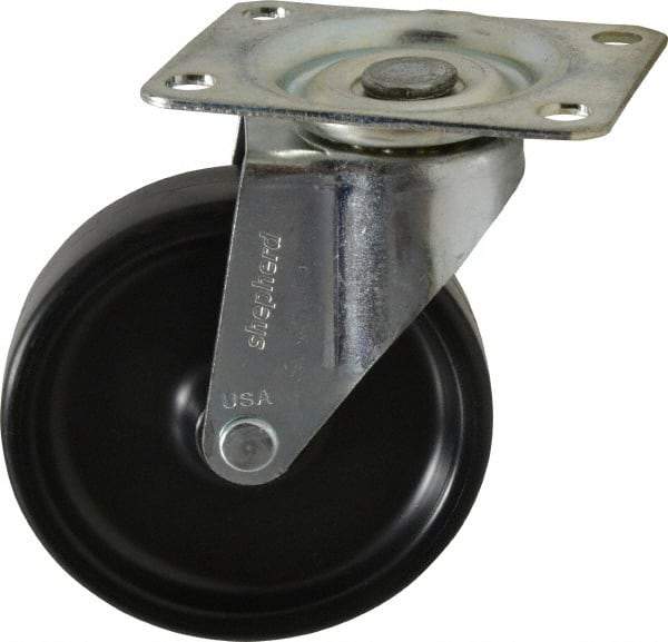 Shepherd - 4" Diam x 15/16" Wide x 4-3/4" OAH Top Plate Mount Swivel Caster - Polyolefin, 150 Lb Capacity, Plain Bearing, 2-5/8 x 3-3/4" Plate - Americas Industrial Supply