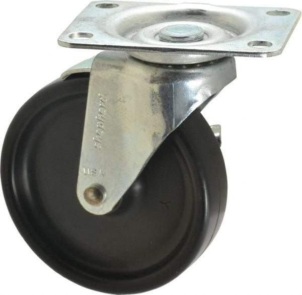 Shepherd - 4" Diam x 15/16" Wide x 4-3/4" OAH Top Plate Mount Swivel Caster with Brake - Polyolefin, 150 Lb Capacity, Plain Bearing, 2-5/8 x 3-3/4" Plate - Americas Industrial Supply