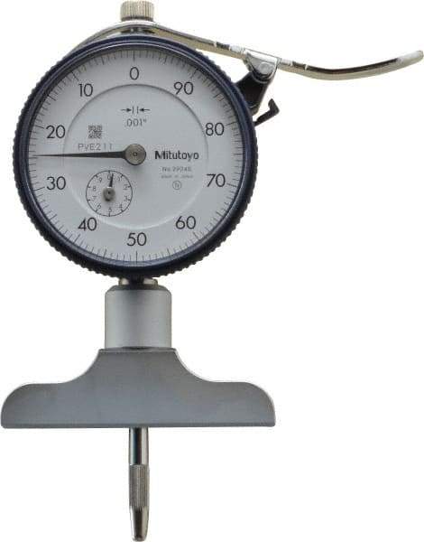 Mitutoyo - 0 to 8 Inch Range, Carbide Tipped Ball Point, White Dial Depth Gage - 0.001 Inch Graduation, 0.002 Inch Accuracy, 1 Inch Travel, 2-1/2 Inch Base Measuring Length - Americas Industrial Supply