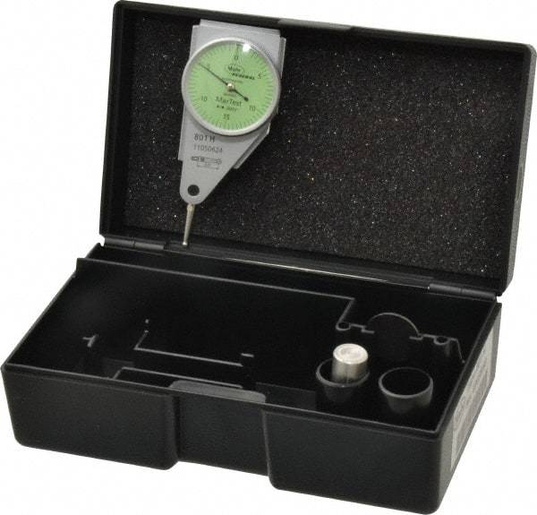 Mahr - 0.015 Inch Range, 0.0005 Inch Dial Graduation, Horizontal Dial Test Indicator - 1.1 Inch Green Dial, 0-15-0 Dial Reading - Americas Industrial Supply