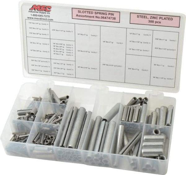 Made in USA - 300 Piece, 1/16 to 3/8" Pin Diam, Spring Pin Assortment - Zinc, Zinc Plated - Americas Industrial Supply