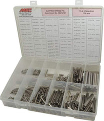 Made in USA - 750 Piece, 1/16 to 7/16" Pin Diam, Spring Pin Assortment - 18-8 Stainless Steel - Americas Industrial Supply