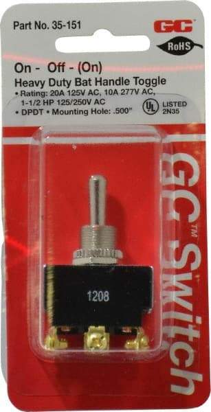 GC/Waldom - DPDT Heavy Duty On-Off-On Toggle Switch - Screw Terminal, Bat Handle Actuator, 1-1/2 hp at 125/250 VAC hp, 277 VAC - Americas Industrial Supply