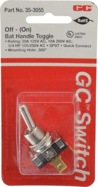 GC/Waldom - SPST Heavy Duty Off-On Toggle Switch - Quick Connect Terminal , Bat Handle Actuator, 3/4 hp at 125/250 VAC hp, 125/150 VAC - Americas Industrial Supply